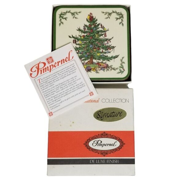 Pimpernel Christmas Tree Collection Cork Backed Coasters Deluxe Finish 4"sq 6ct - Picture 11 of 11